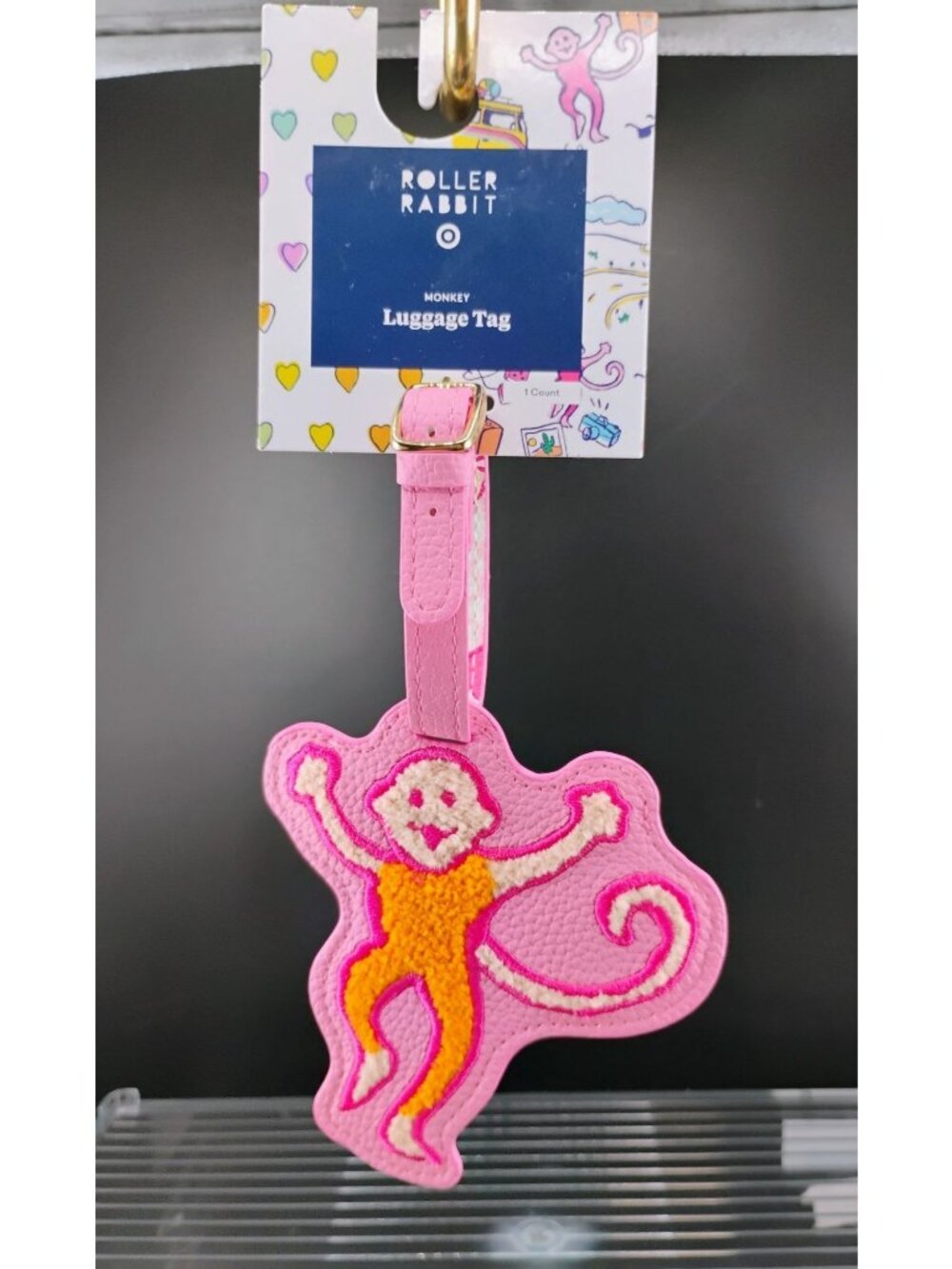 Roller Rabbit Monkey Luggage Tag Pink/Orange Durable Travel Accessory